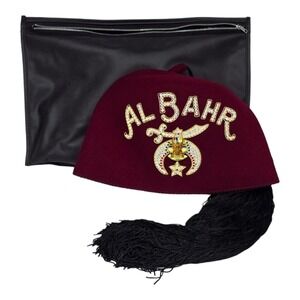 Vtg Al Bahr Shriners Fez Hat Jeweled w/ Zippered Bag 7 3/8" Masonic Memorabilia